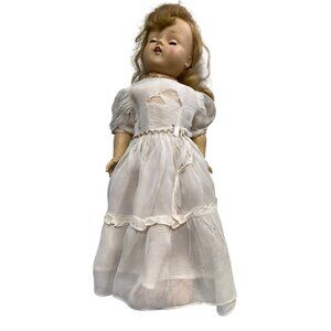 Antique Composition Doll White Dress Blue Eyes
